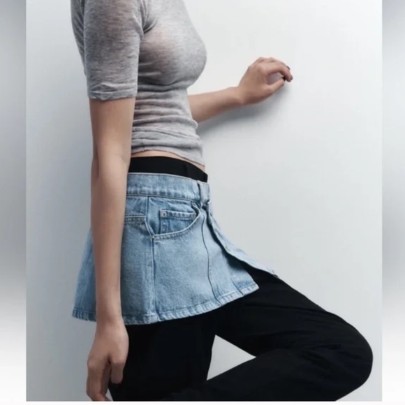 NWT Zara Denim Sash Belt Micro Mini Skirt Jean Cover Up - Picture 1 of 12